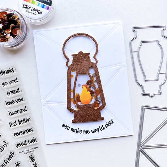 Nicer card using Round About Messages stamp set, Capture the Flag cover plate, Camping Lantern die, Kings Canyon sequin mix, Midnight, Tiara and Tiki Torch ink pads.