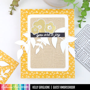 Yellow card with a-maze-ing mini cover plate, vines and flowers