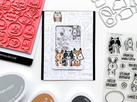 Critter Crew animals shaker card over chatterbox background