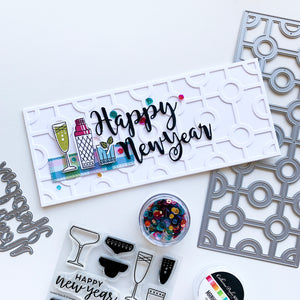 Happy New Year over Circle Squared Slimline Card with cocktail glasses