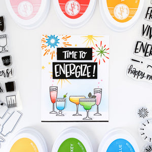 Time to Energize card with Cocktails in multiple colors along bottom and fireworks across the top