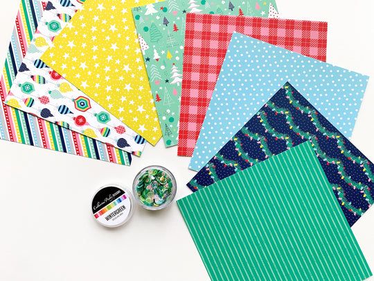 Wintergreen Sequin Mix next to Decked out Holiday paper