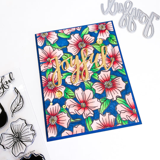 Dogwood flowers stamped background with cutout Joyful