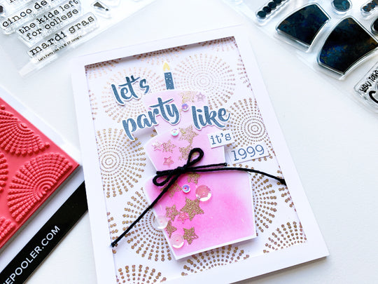 Pink Birthday Cake over Dotted Bursts background stamp