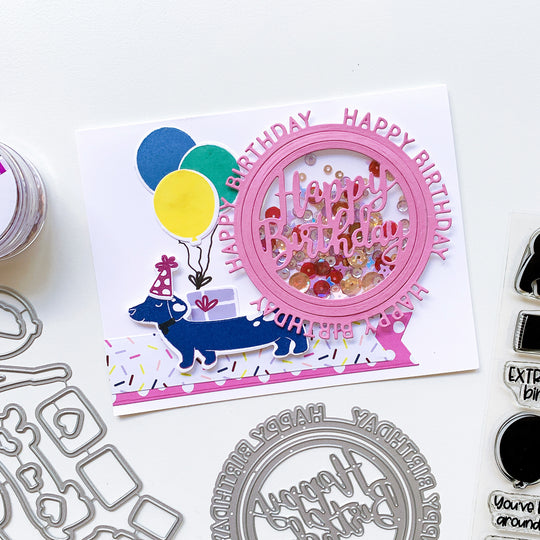 Blue Doxie with Balloons with Pink Round of Happy Shaker