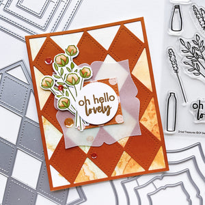 Hello lovely card using Stitch Your Diamonds cover plate die, Dried Treasures stamp set, Dried Treasures Dies, Gardener's Notebook patterned paper, Picture Frames dies, Stitched Squares dies and Tuscany sequins