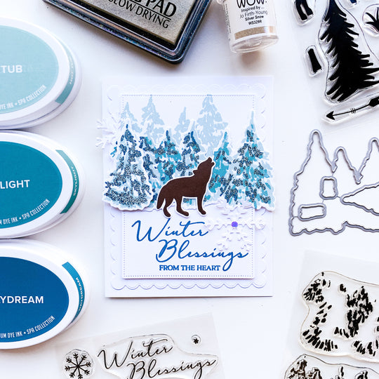 winter blessings card with evergreen woods stamp