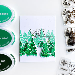 winter blessings card with evergreen woods stamp