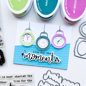 live for the moments card with clock stamps