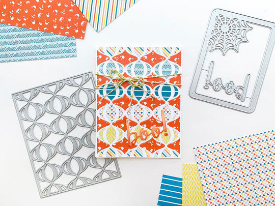 Boo! sentiment with twine and Fall Pick-n-Mix Patterned Paper background