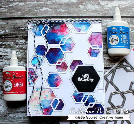 Happy Birthday sentiment with Red and blue color burst hexagon backgound