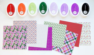 Fleur De Patterned Paper Pack laid out with coordinating ink pads