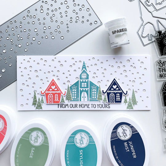Alpine village houses on a Flurries background slimline card