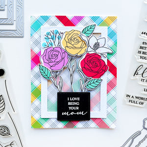 Love your mom card using multicolored plaid from Happy Mama Patterned Paper pack, Fresh Picked Floral and Mothers and Daughters Sentiments stamp sets