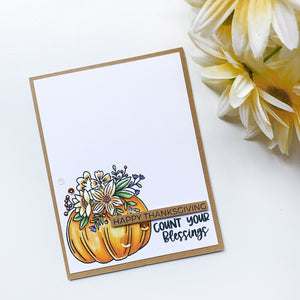 Happy thanksgiving sentiment with front porch pumpkin and brown border