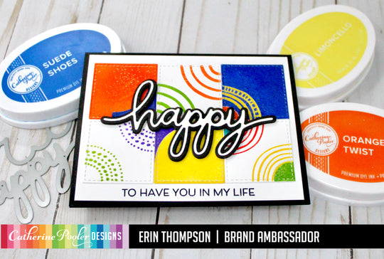 Happy sentiment with stitched GeoCurves Stamp Set background