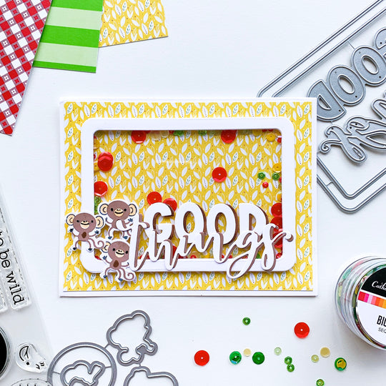 Big Apple Sequin Mix on Shaker card with monkeys and Good Things Sentiment