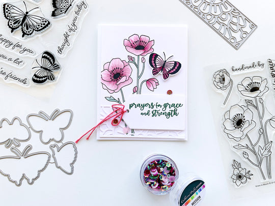 card with pink butterfly and flowers