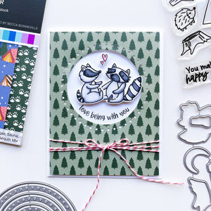 With you card using S'mores Please patterned paper, Round About Messages stamps and dies, Happy Camper stamps and dies, Party Twist twine, Midnight and assorted ink pads. and 