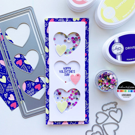 Heart Trio shaker card over Happy Hearts Patterned paper with cutout hearts
