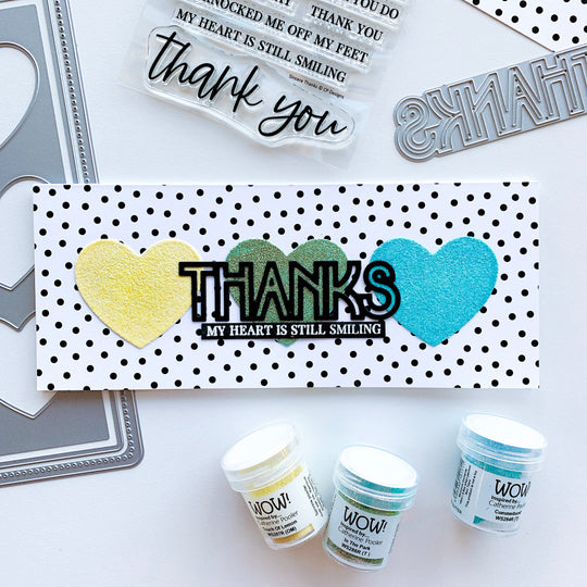 Heart Trio Cutout hearts embossed in cummerbund, in the park and touch of lemon over black polka dot paper