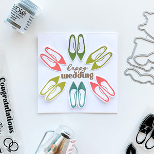 happy wedding card with pairs of shoes