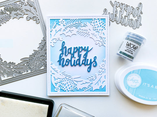 Holly Framed Cover Plate Die on It's a Boy Blended background around Happy Holidays diecut