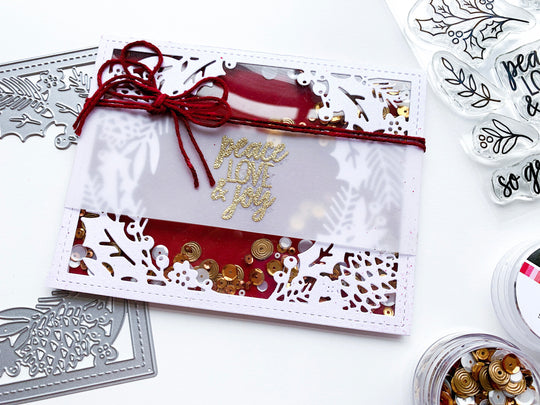 Holly Framed Cover Plate Die Shaker Card over Cranberry Fizz background and Oak City Sequins