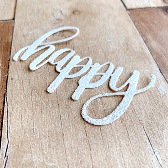 happy word die embossed with White Puff Twinkle Embossing Glitter