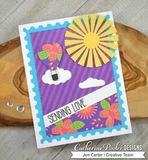 Sending Love Sentiment with flowers, hot air balloon, and sun on purple background