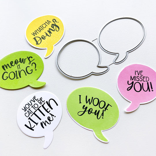 The results of using the Look Who's Talking dies and Look Who's Talking Sentiment stamps.