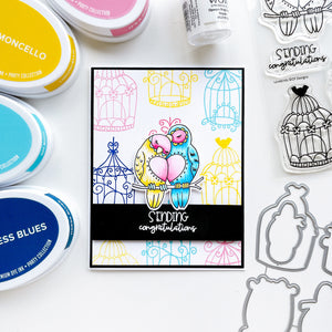 Sending Congrats card using Lovebirds stamp set and dies, It's a Girl ink pad, Limoncello ink pad, Oh Boy! ink pad, and Dress Blues ink pad.