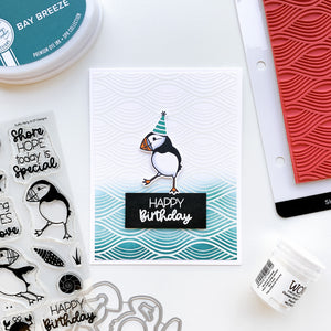 happy birthday card with puffin stamp