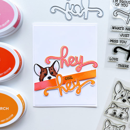 Hey Girl Hey card using Hey word dies, Hey, Hey, Hey Sentiments stamps, More Peeking Pets stamps & dies, Midnight, Do-Si-Do, Orange Twist and Tiki Torch ink pads.