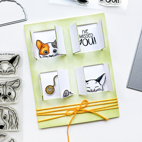 Missed you card using Look Who's Talking Sentiments stamps & dies, More Peeking Pets stamps & dies, Four Window Cover Plate die, Midnight, Matcha and other ink pads.