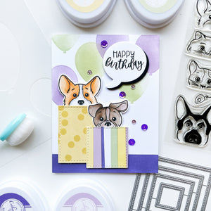 Happy Birthday card using More Peeking Pets stamps & dies, Look Who's Talking Sentiments stamps & dies, Stitched Squares dies, Oval Balloon Stencil, Hallerbos sequin mix, Midnight, Crushed Violet, Lilac, Matcha, Whipped Honey and other ink pads. 