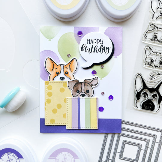 Happy Birthday card using Look Who's Talking Sentiments stamps & dies, More Peeking Pets stamps & dies, Stitched Squares dies, Oval Balloon Stencil, Hallerbos sequin mix, Midnight, Crushed Violet, Lilac, Matcha, Whipped Honey and other ink pads.
