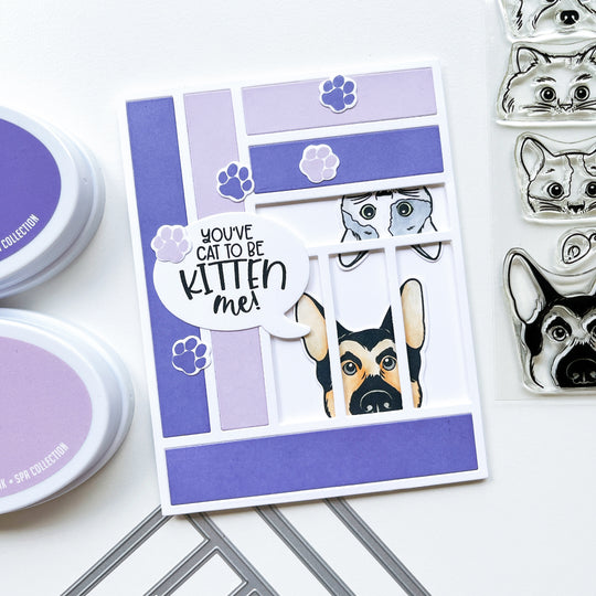 Kitten me card using Look Who's Talking Sentiments stamps & dies, More Peeking Pets stamps & dies, Parqs & Rec cover plate die, Midnight, Crushed Violet, Lilac and other ink pads.