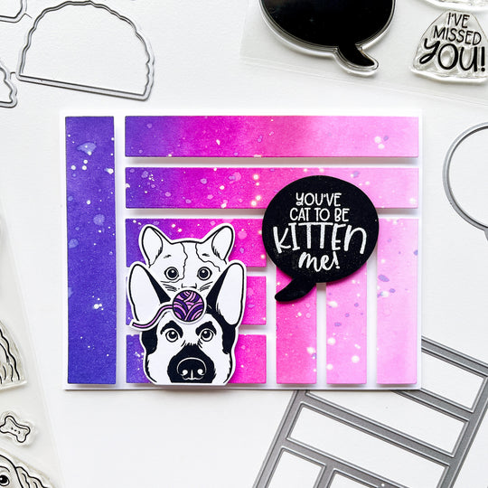 Kitten me card using Look Who’s Talking Sentiments stamps & dies, More Peeking Pets stamps & dies, Parqs & Rec Cover Plate die, Midnight, Crushed Violet, Flirty Fuchsia and other ink pads.