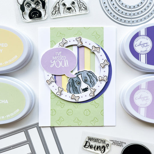 I've Missed you card using Look Who's Talking Sentiments stamps & dies, More Peeking Pets stamps & dies, Round About dies, Midnight, Whipped Honey, Matcha, Lilac, Crushed Violet and other ink pads.