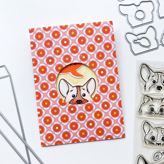 Envelope for the Where's the Pawty corgi card using Potted patterned paper, More Peeking Pets stamps & dies, Look Who's Talking Sentiments stamps & dies, Parisian Portico Background stamp, Midnight, Whipped Honey, Flame and other ink pads.