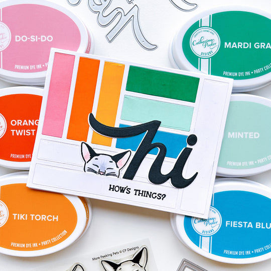 How's things card using More Peeking Pets stamps & dies, Hello word trio dies, Parqs and Rec cover plate die, Hey, Hey, Hey Sentiments stamps, Midnight, Do-Si-Do, Orange Twist, Tiki Torch, Mardi Gras, Minted, Fiesta Blue and other ink pads.