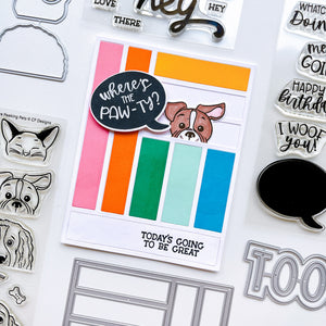 Where's the Paw-ty card using Parqs & Rec cover plate die, More Peeking Pets stamps & dies, Look Who's Talking Sentiments stamps & dies, Hey, Hey, Hey Sentiments stamp set, White embossing powder, Midnight, Do-si-do, Orange Twist, Tiki Torch, Mardi Gras, Minted and Fiesta Blue ink pads.