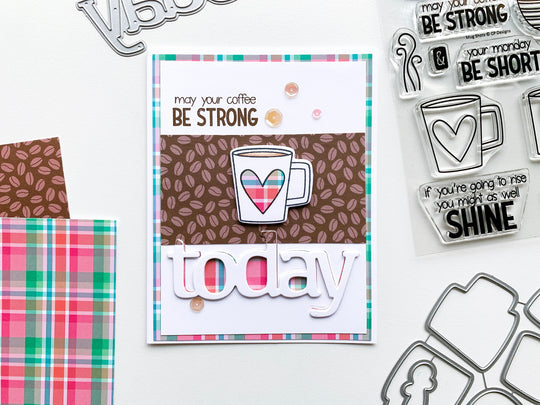 Plaid mug heart over bean patterned paper and  plaid background