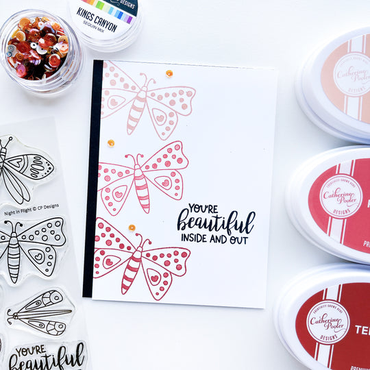 Beautiful card using Night in Flight stamp set, Terracotta, Polished and Pink Champagne ink pads and Kings Canyon sequin mix.