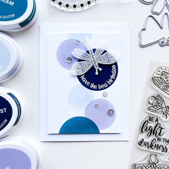 Best Birthday card using Night in Flight stamps & dies, Round About dies, Daydream, Tranquil, Juniper Mist and Serene ink pads, and Oslo sequins.