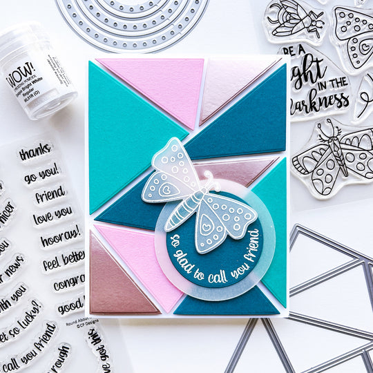 Friend card using Capture the Flag cover plate die, Night in Flight stamps and dies, Round About Messages stamps and dies, and Wow! Opaque Bright White regular embossing powder.