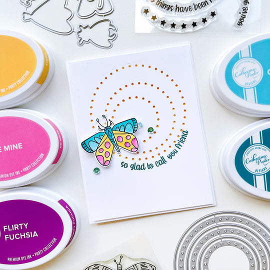 Friend card using Night in Flight stamps & dies, Round About dies, Round About Messages stamp set, Tiara, Be Mine, Flirty Fuchsia, Oh Boy! and Daydream ink pads, with Oslo sequin mix.