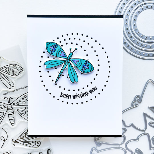 Missing you card using Round About Messages stamp set, Round About dies, Night in Flight stamps & dies, Midnight and assorted ink pads.