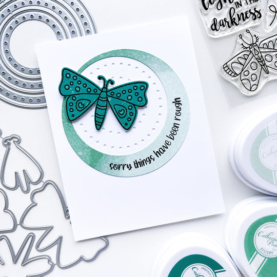 Sorry card using Round About Messages stamp set, Round About dies, Night in Flight stamps & dies, Midnight, Uptown, Sea Glass and Hot Tub ink pads.